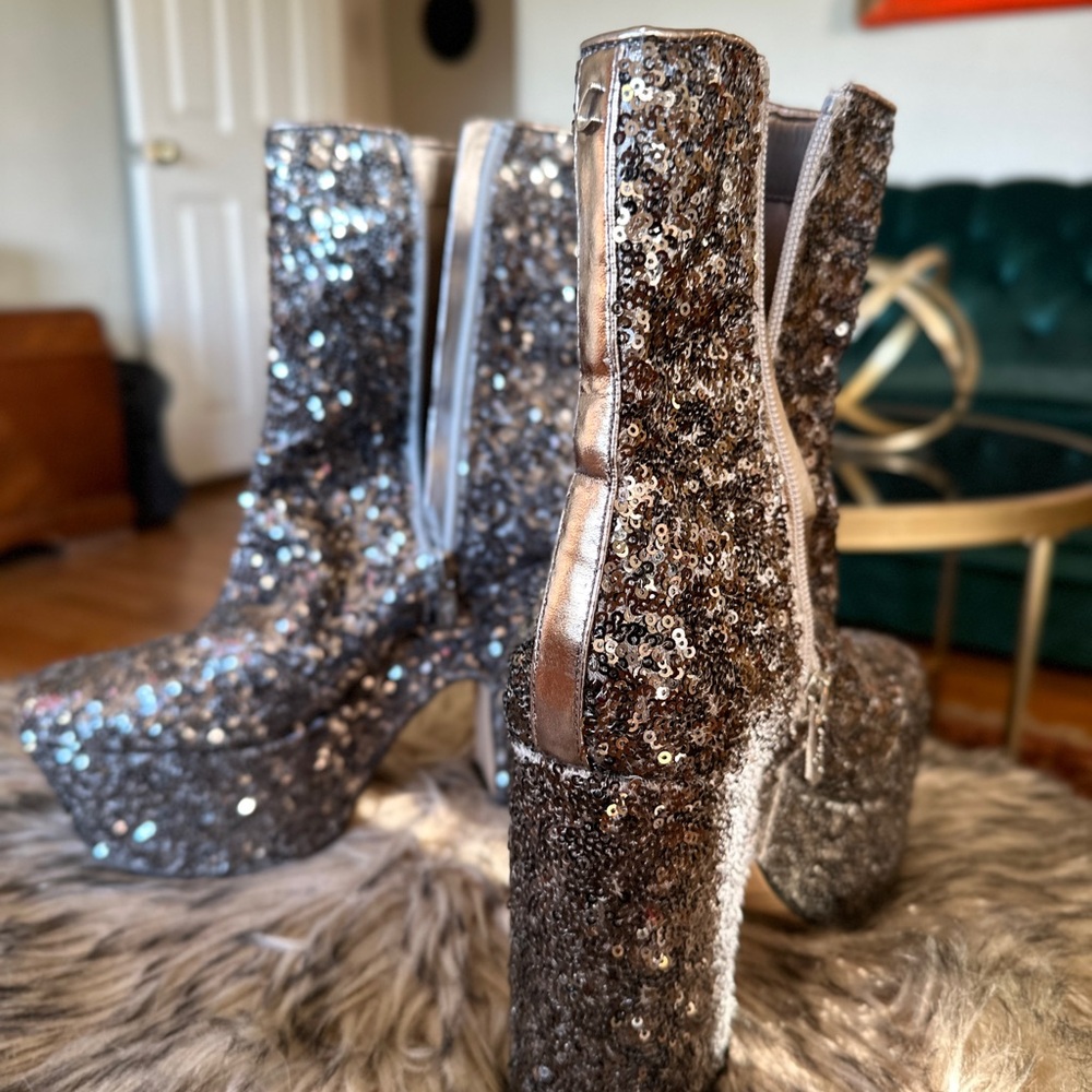Silver Sequin Platform Ankle Boots